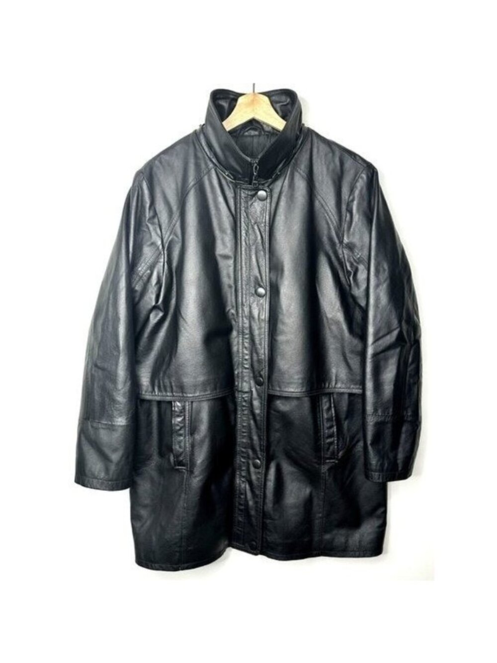 Sequence Leather Jacket Womens Size 16 Black Lined Pockets Collar Full Zip Long